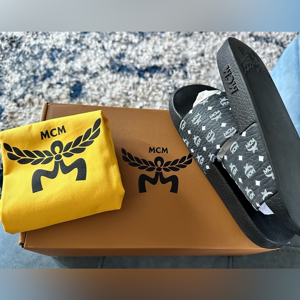MCM Black Slide Sandals with Iconic Logo